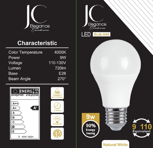 JC-A604K. 9W 4000K  E26 LED Light Bulb.