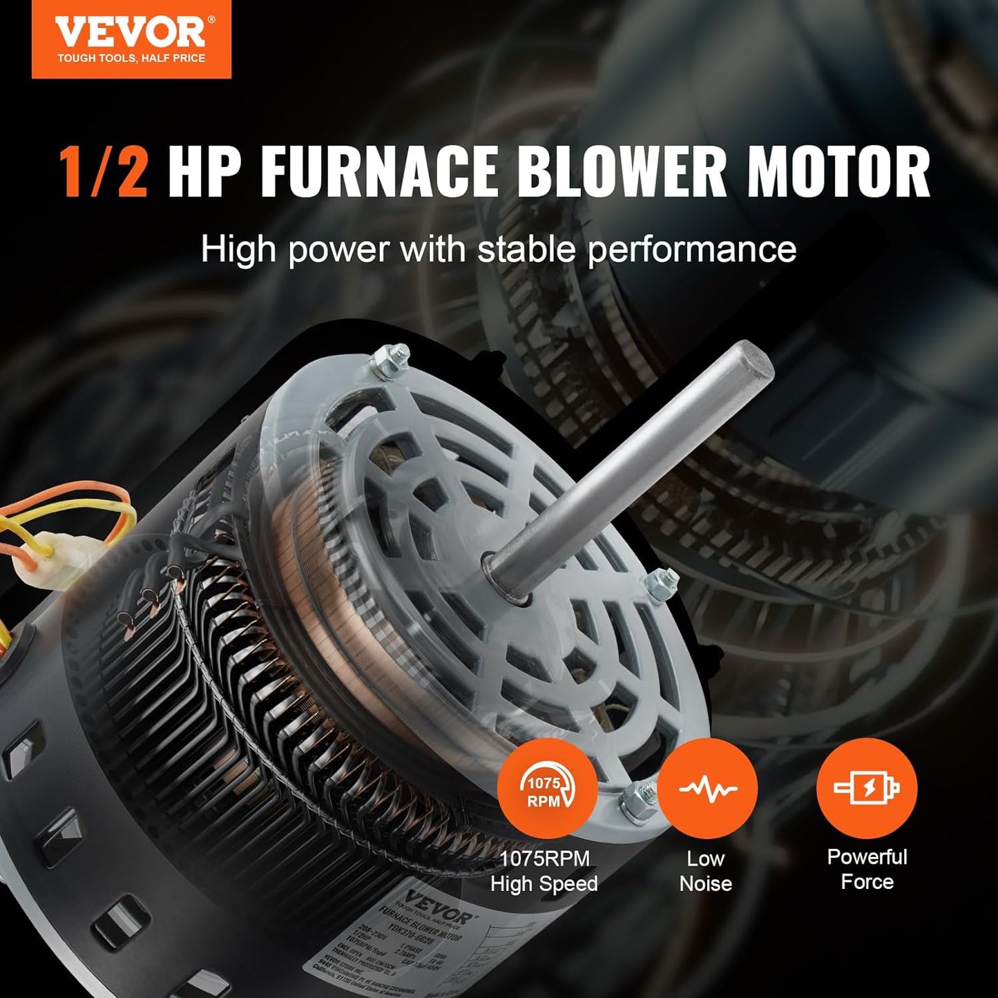 VEVOR 1/2HP Furnace Blower Motor, 208/230V 2.7Amps, 1075RPM 5 Speeds, CW/CCW Rotation, 48 Frame 3.4" Shaft Length, 7.5μF/450V Capacitor + 11" Hold Hoop