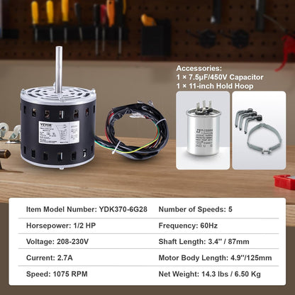 VEVOR 1/2HP Furnace Blower Motor, 208/230V 2.7Amps, 1075RPM 5 Speeds, CW/CCW Rotation, 48 Frame 3.4" Shaft Length, 7.5μF/450V Capacitor + 11" Hold Hoop